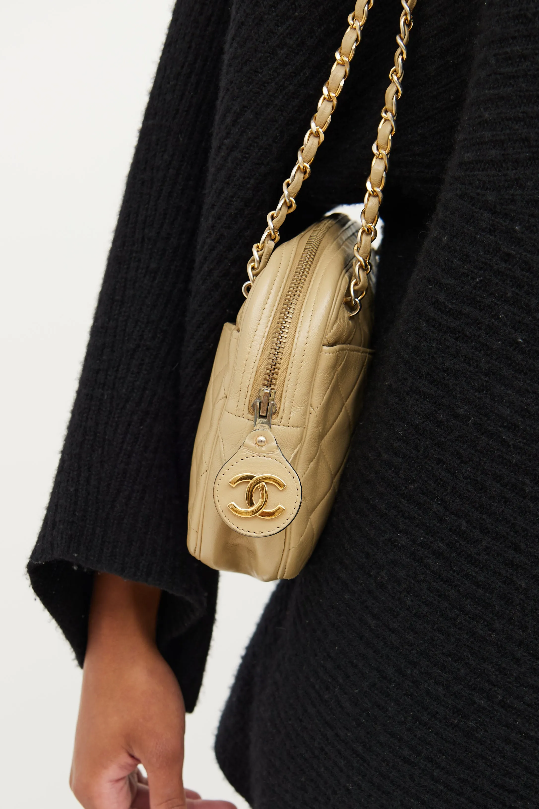 Beige Quilted Camera Bag