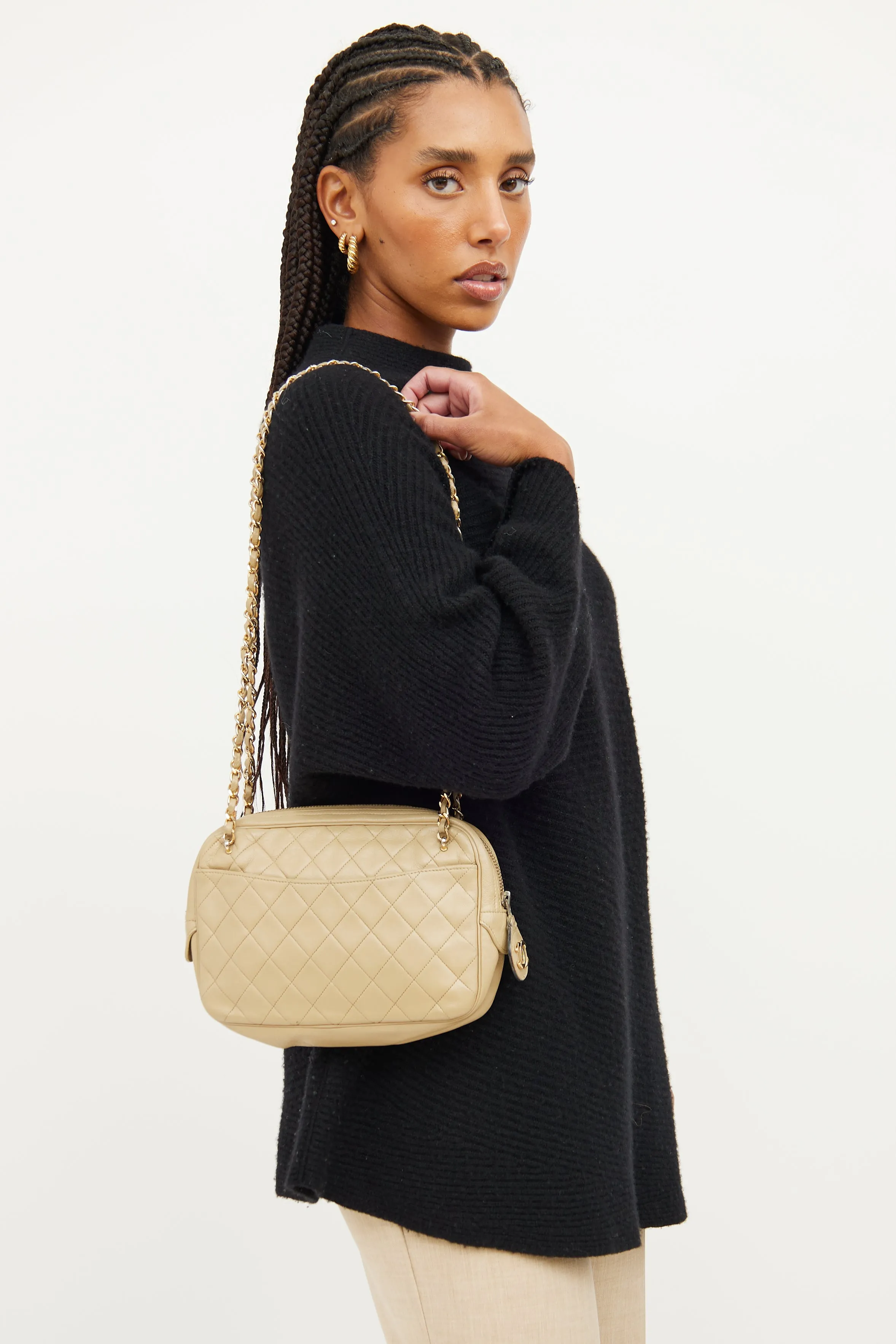 Beige Quilted Camera Bag