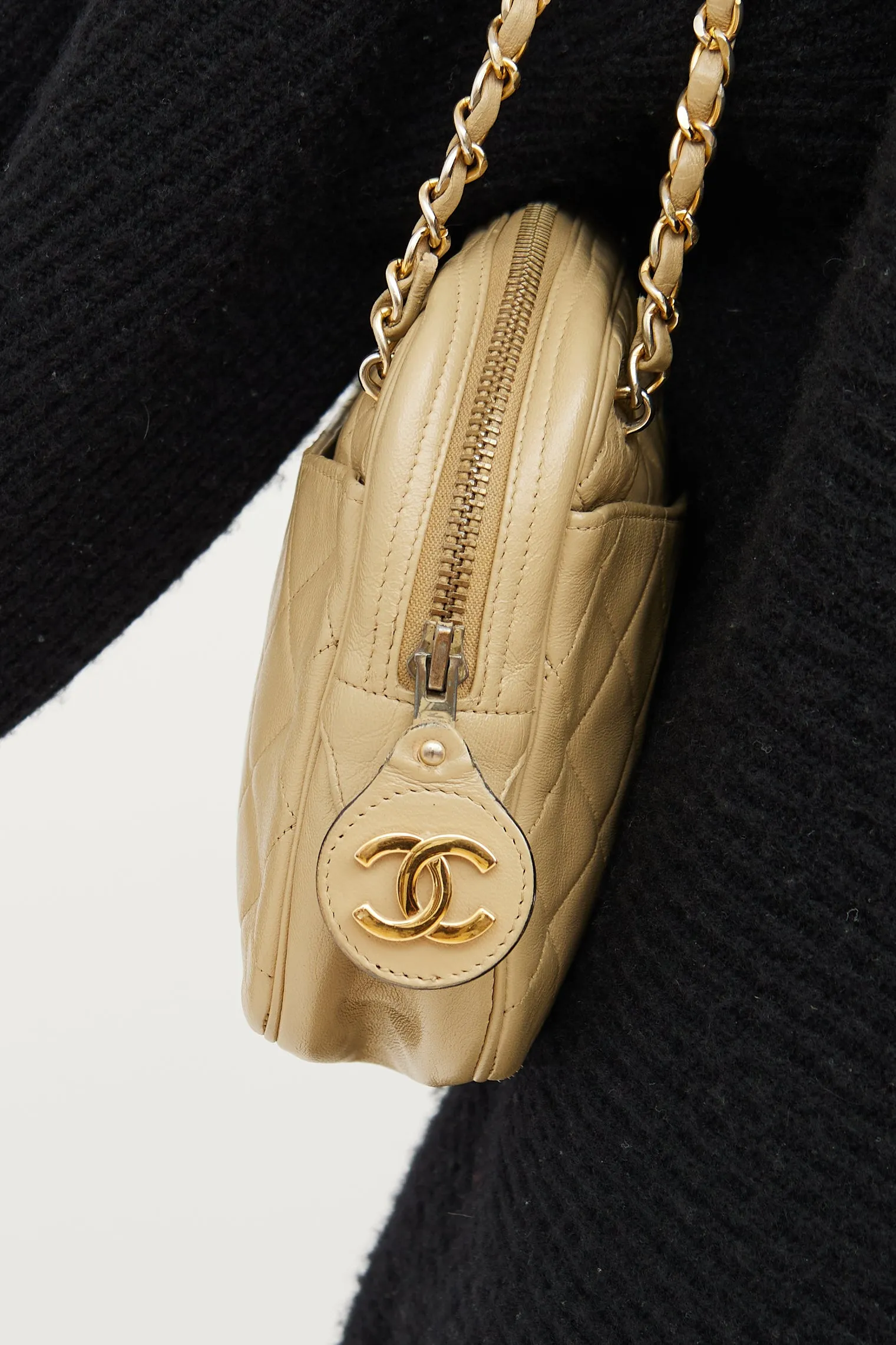 Beige Quilted Camera Bag