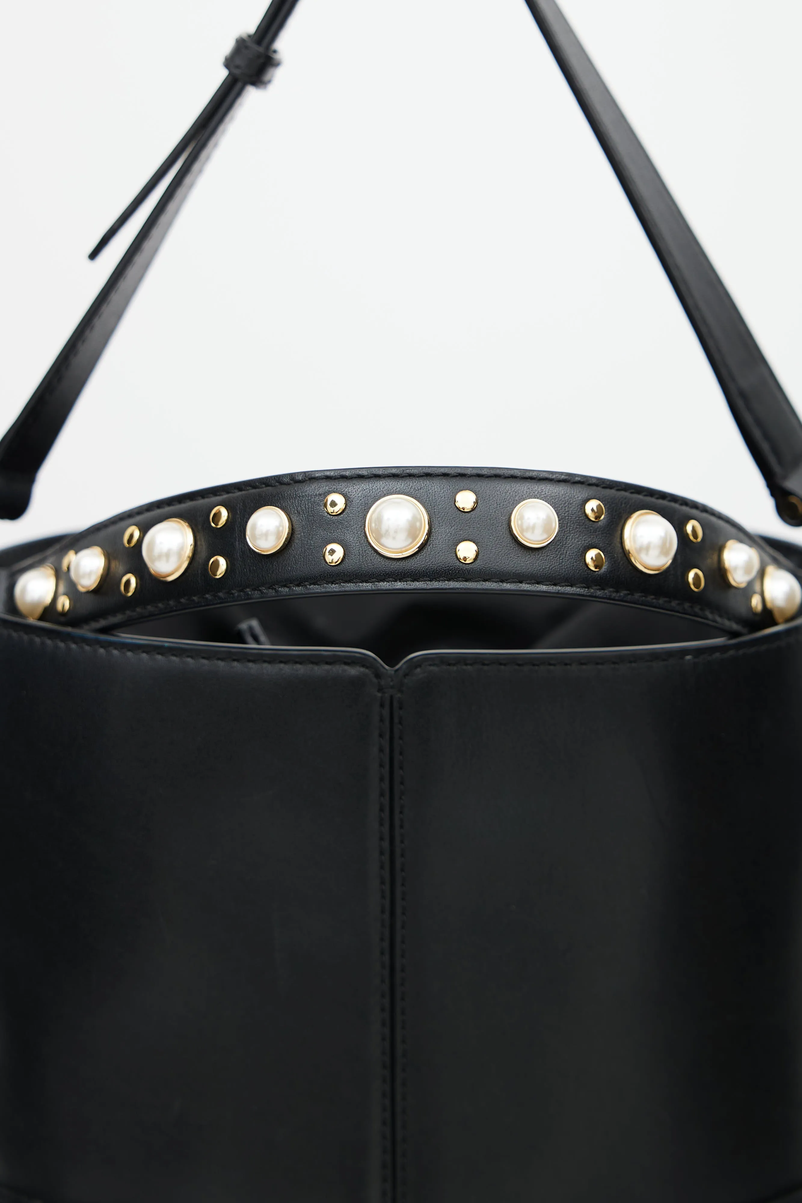 Black Leather Pearl Lou Bucket Bag