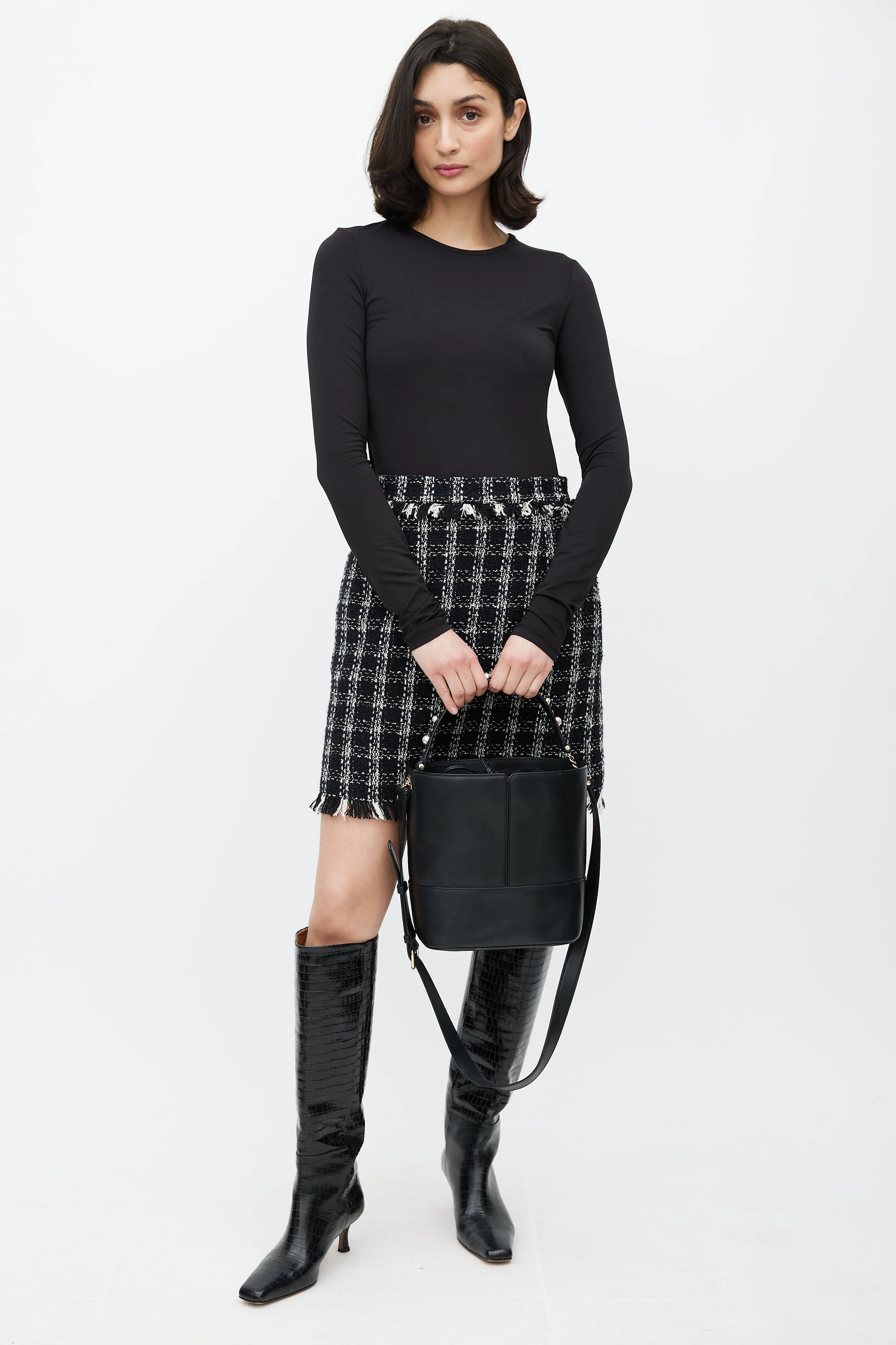 Black Leather Pearl Lou Bucket Bag