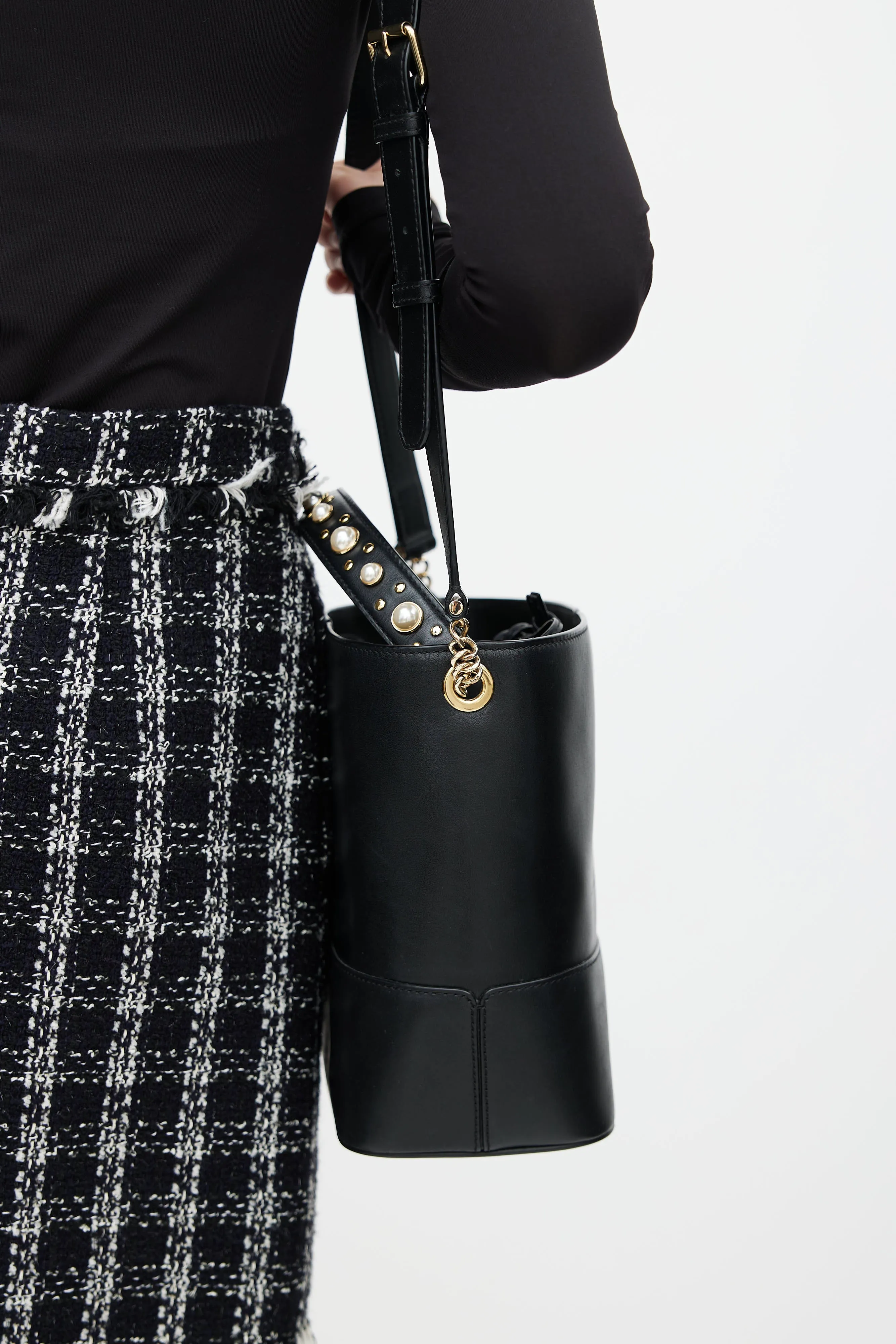 Black Leather Pearl Lou Bucket Bag