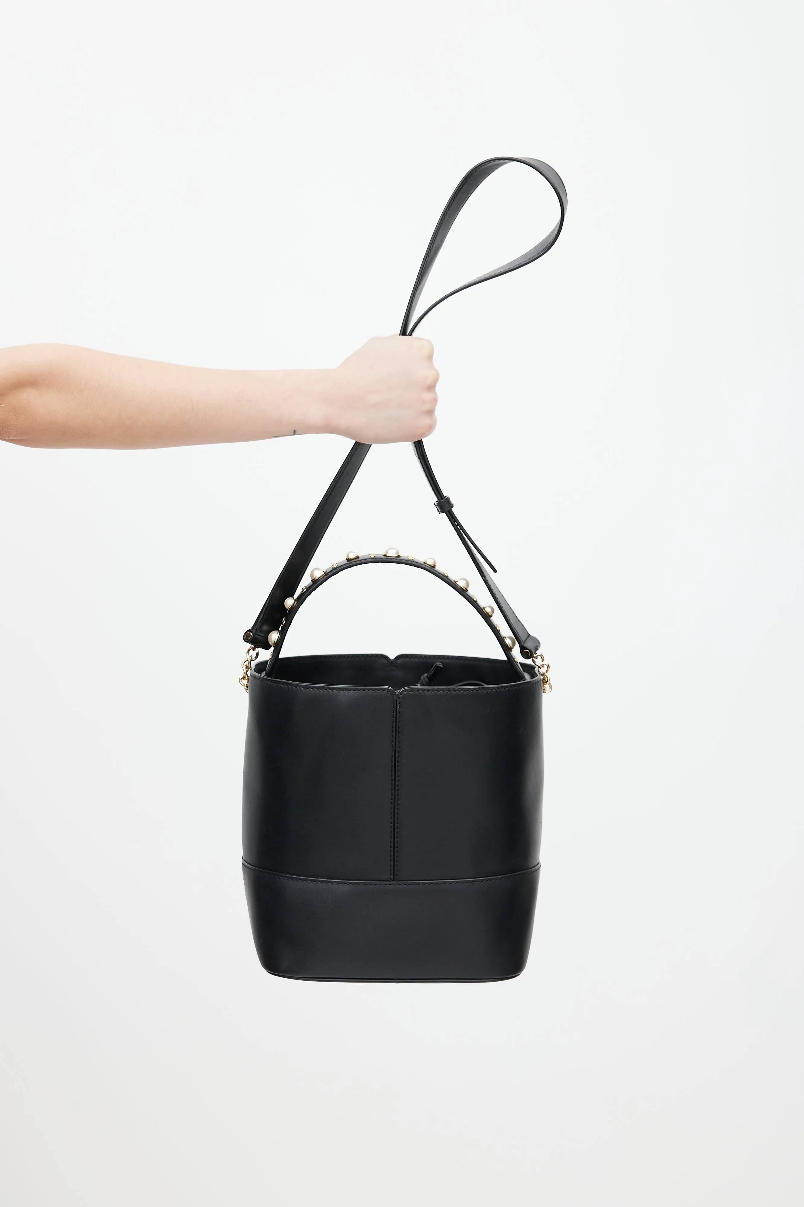 Black Leather Pearl Lou Bucket Bag