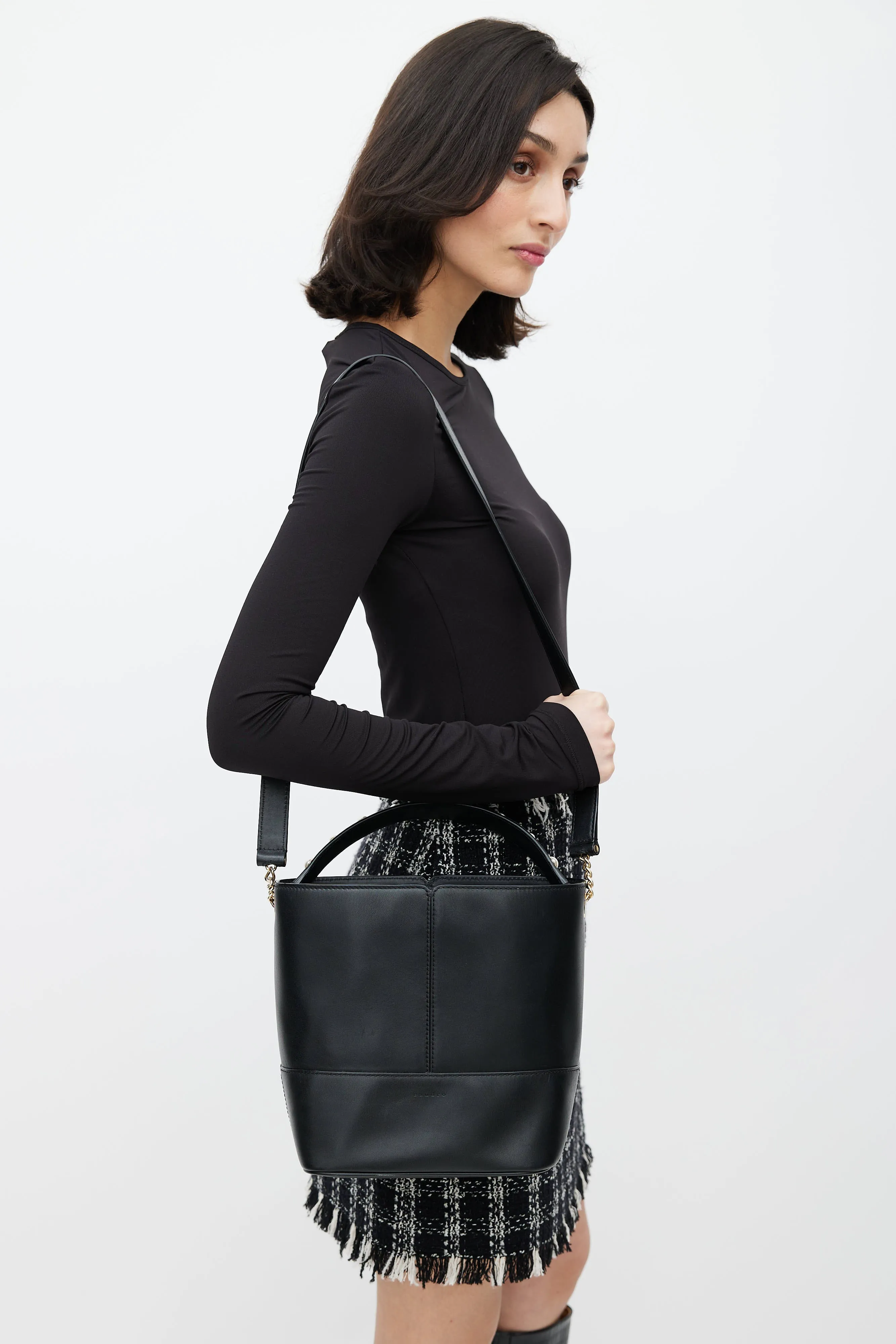 Black Leather Pearl Lou Bucket Bag
