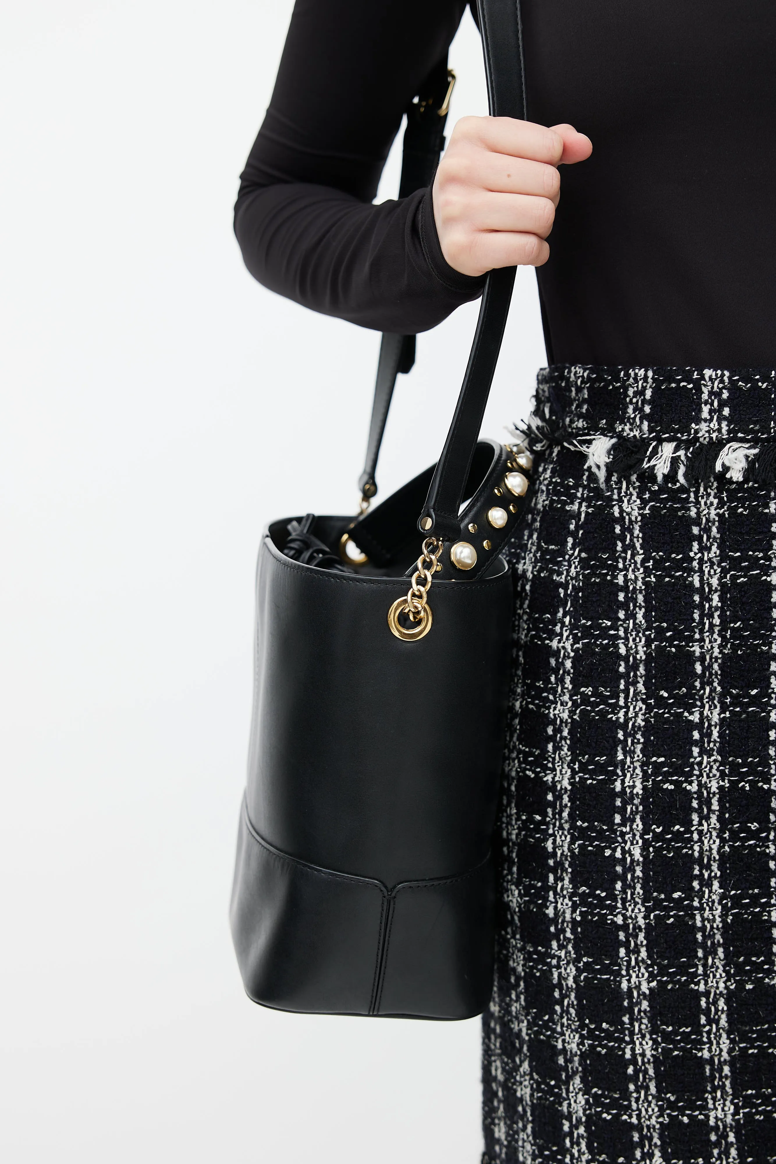 Black Leather Pearl Lou Bucket Bag