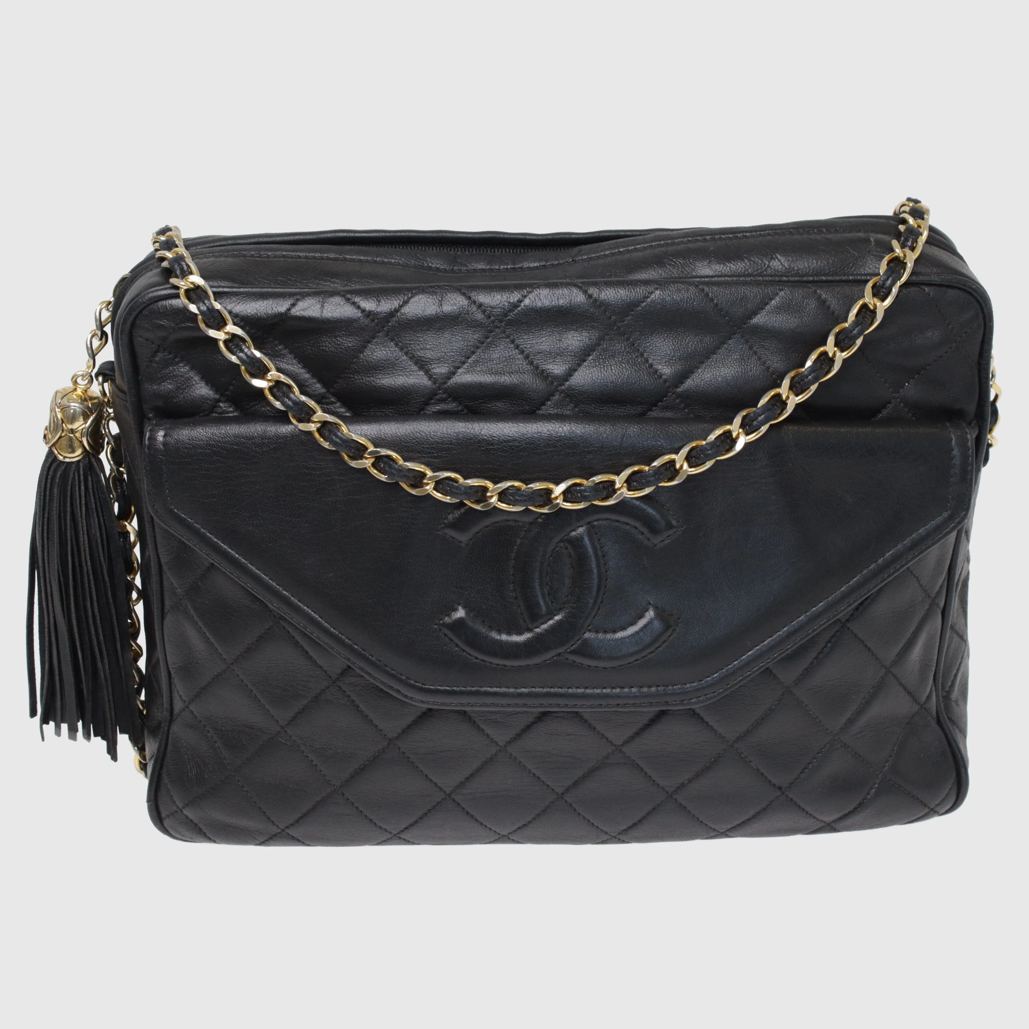 Black Quilted Vintage CC Tassel Camera Crossbody Bag