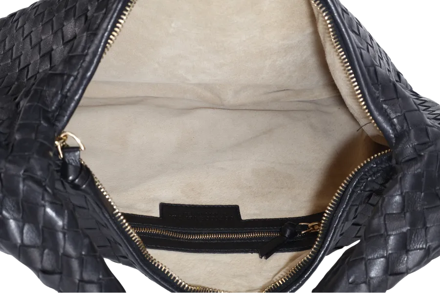 BOTTEGA VENETA INTERCCIATO HOBO BLACK LEATHER SILVER HARDWARE NO DUST COVER