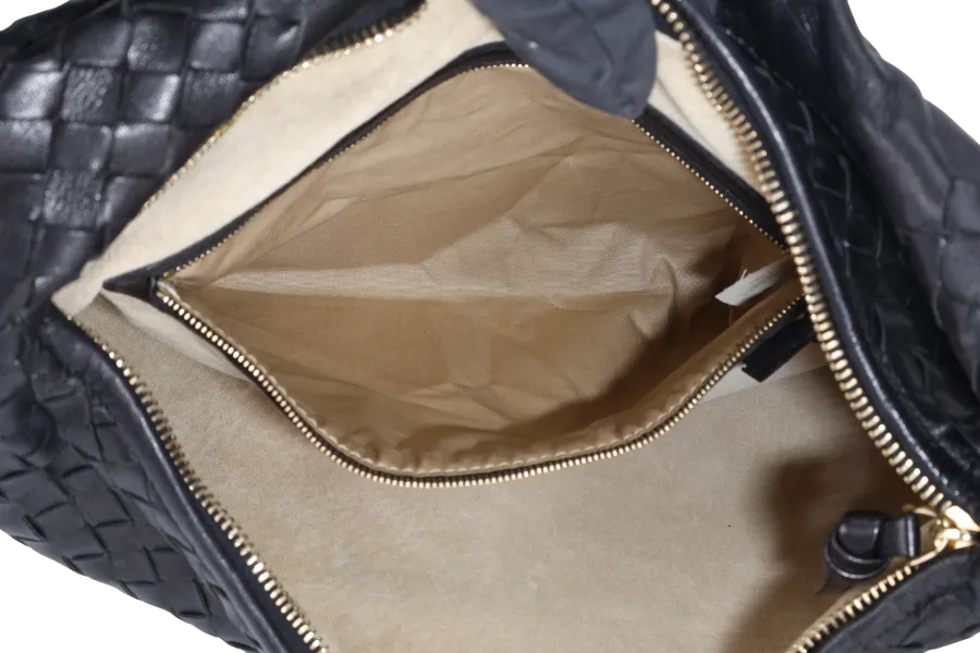 BOTTEGA VENETA INTERCCIATO HOBO BLACK LEATHER SILVER HARDWARE NO DUST COVER
