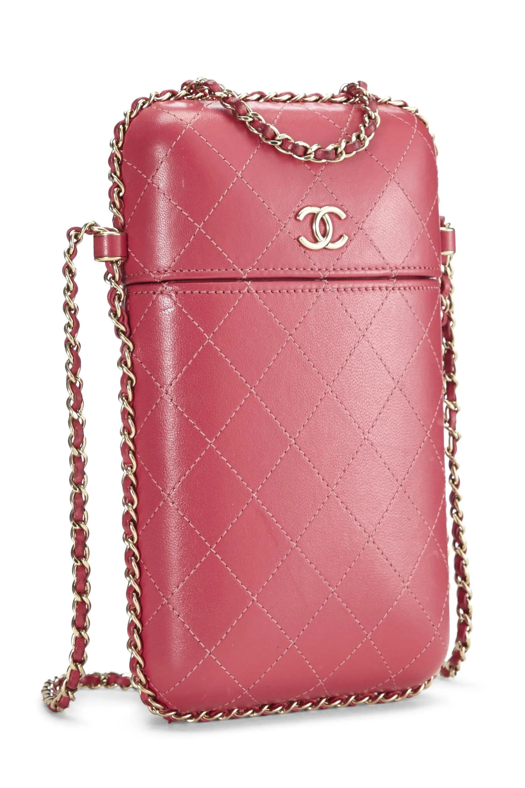 Chanel,  Pink Calfskin Crossbody Chain Phone Holder, Pink