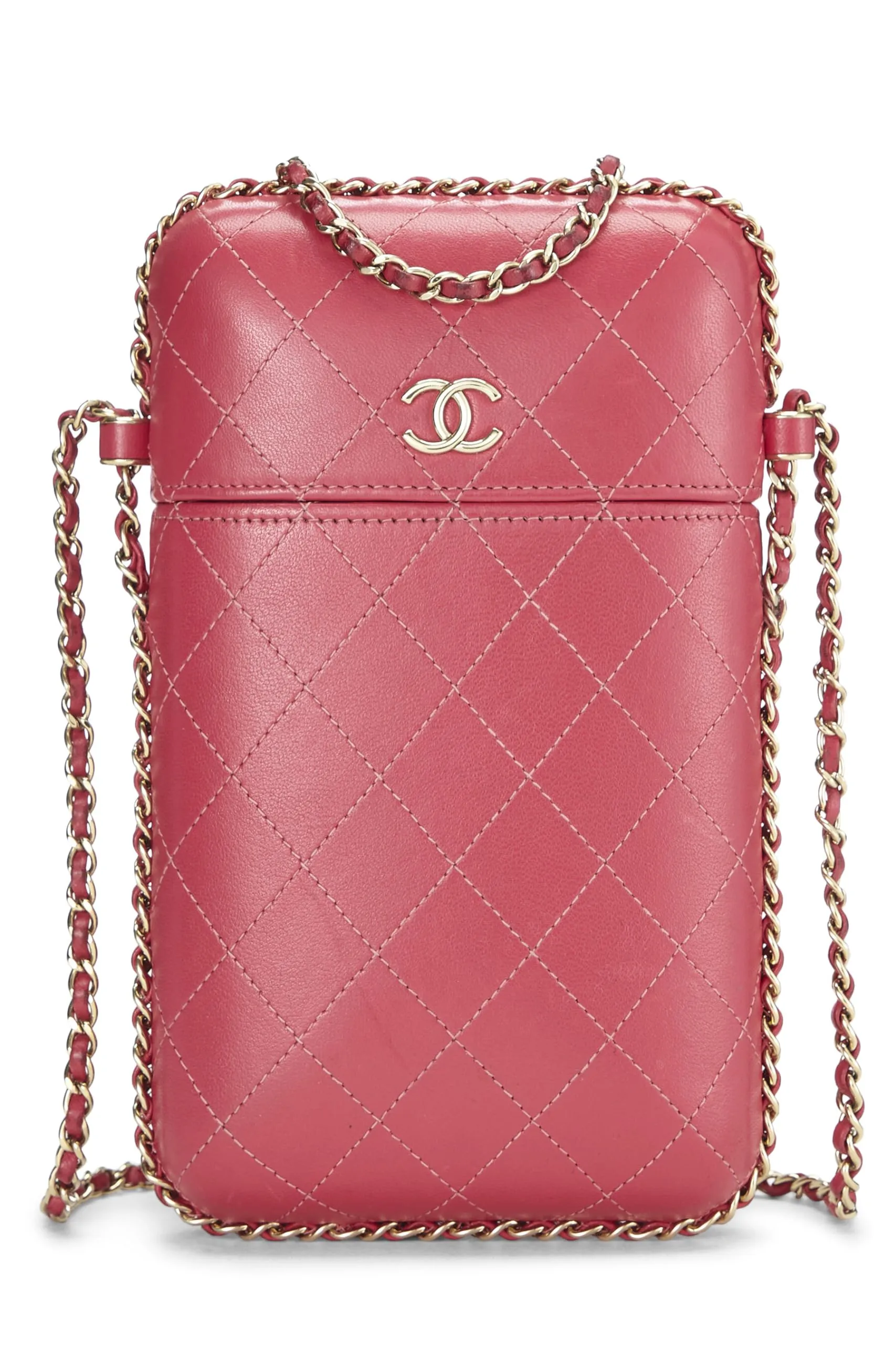 Chanel,  Pink Calfskin Crossbody Chain Phone Holder, Pink