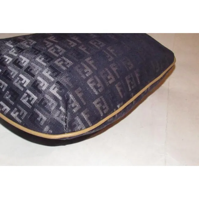 Fendi Style Shoulder Purse Zucchino Or Small F Logo Print Canvas In Shades Of Blues And Grey And Cam
