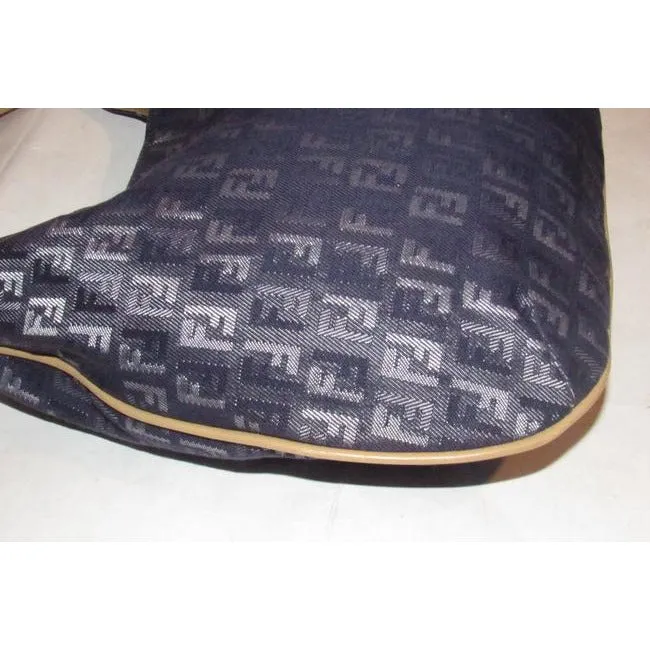 Fendi Style Shoulder Purse Zucchino Or Small F Logo Print Canvas In Shades Of Blues And Grey And Cam