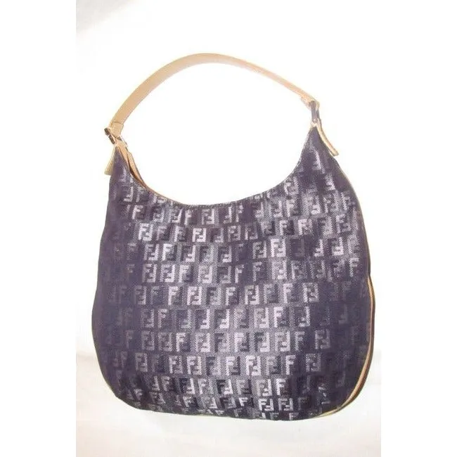 Fendi Style Shoulder Purse Zucchino Or Small F Logo Print Canvas In Shades Of Blues And Grey And Cam