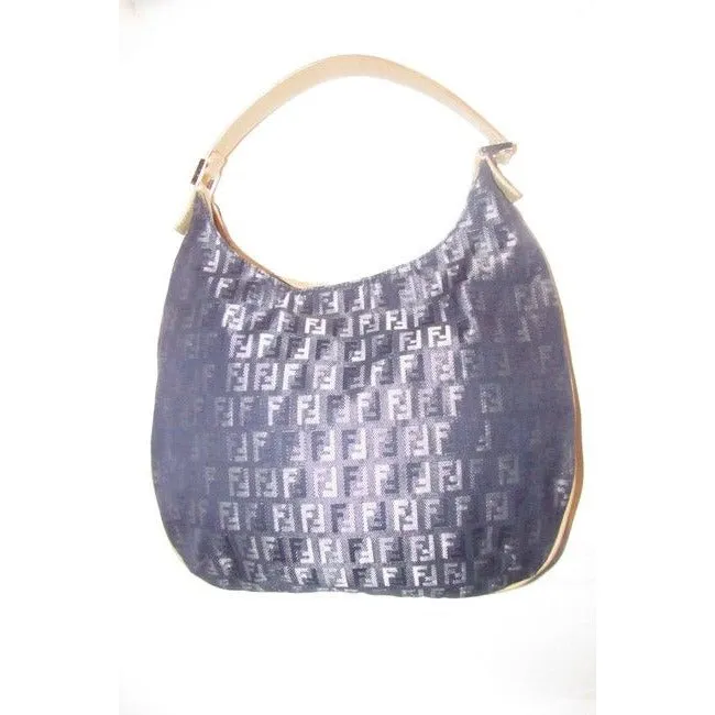 Fendi Style Shoulder Purse Zucchino Or Small F Logo Print Canvas In Shades Of Blues And Grey And Cam