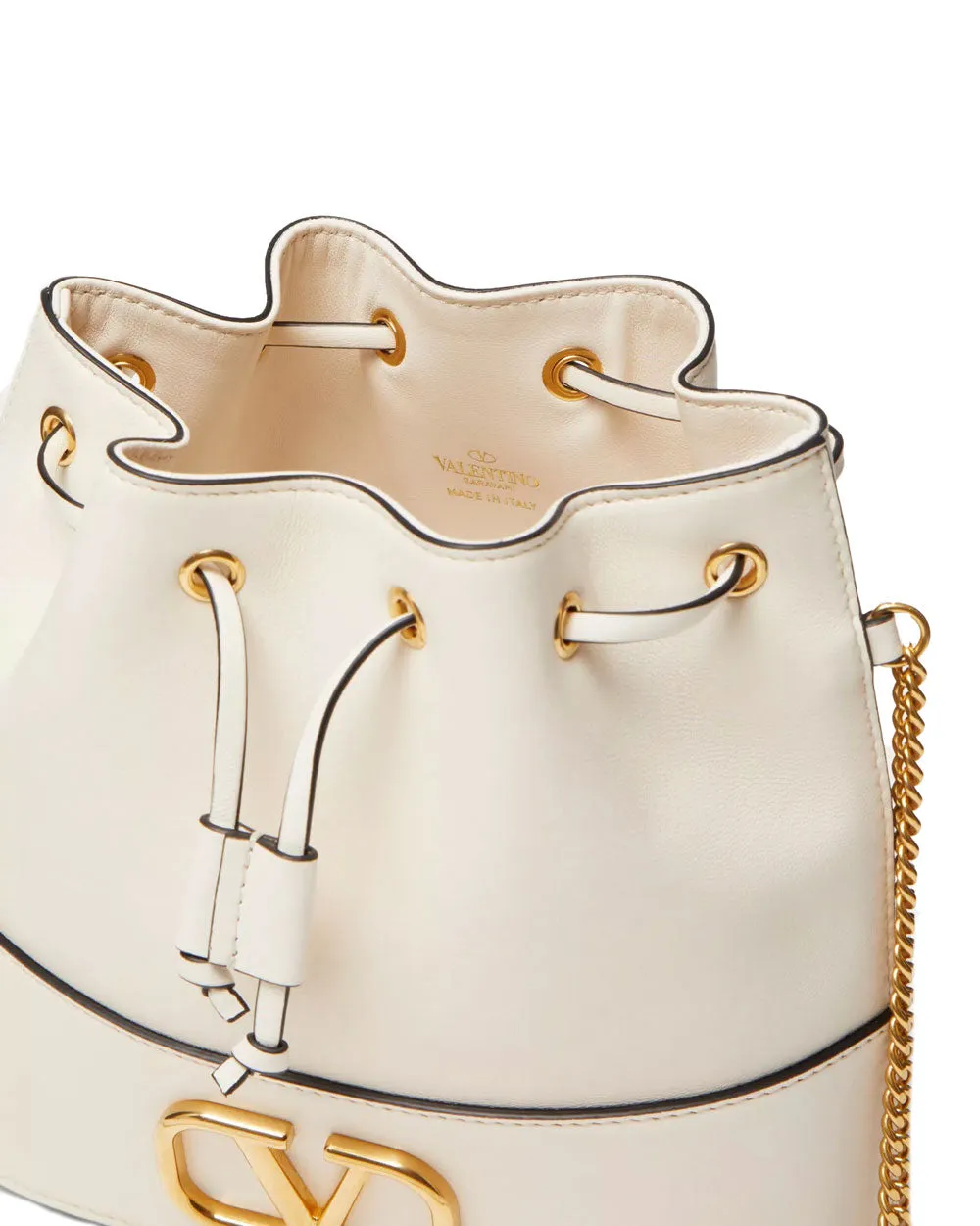 Mini Bucket Bag with Vlogo Signature Chain in Light Ivory