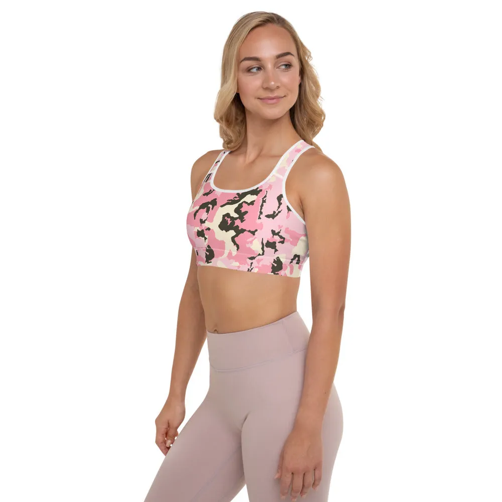 Pink Camo Women's Sports Bra, Army Military Print Padded Fitness Bra- Made in USA/EU