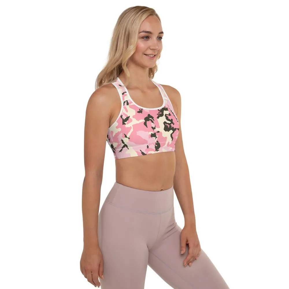 Pink Camo Women's Sports Bra, Army Military Print Padded Fitness Bra- Made in USA/EU