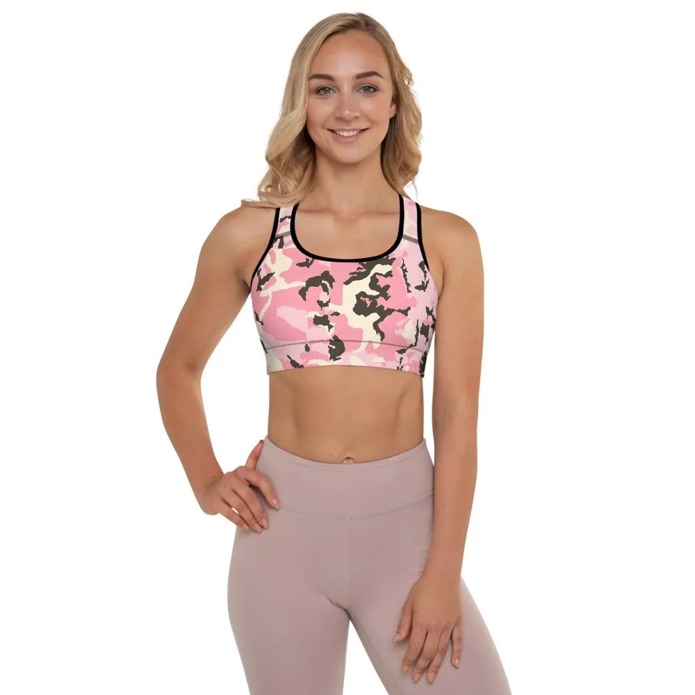 Pink Camo Women's Sports Bra, Army Military Print Padded Fitness Bra- Made in USA/EU