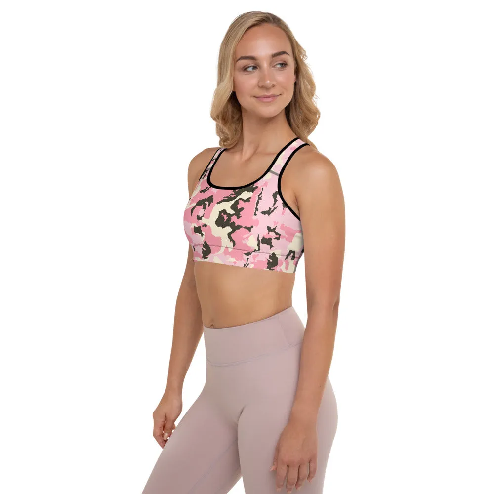 Pink Camo Women's Sports Bra, Army Military Print Padded Fitness Bra- Made in USA/EU