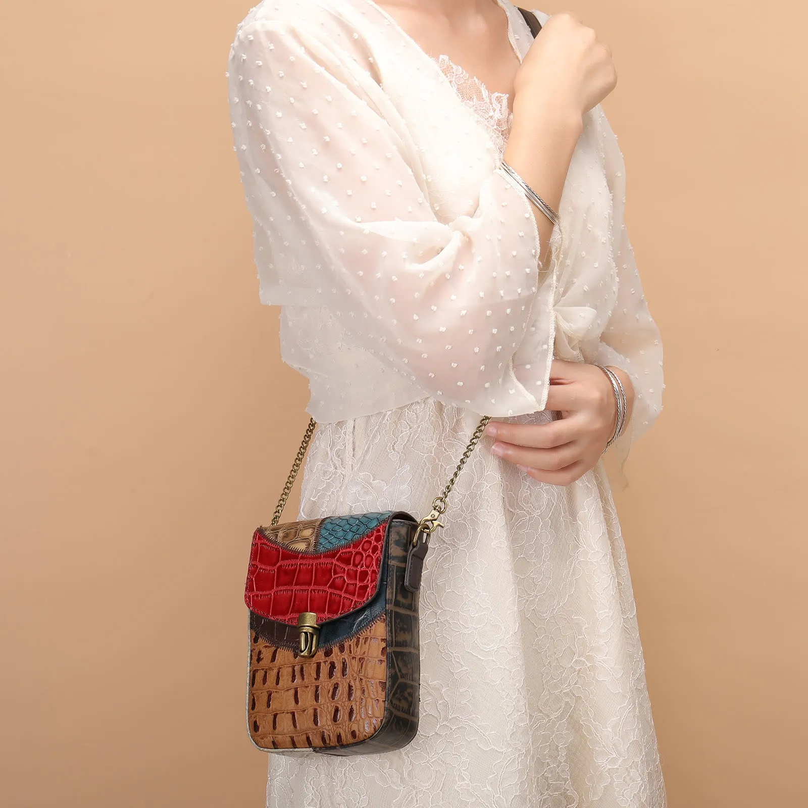 Small Chain Bag For Women Mix Color Leather Crossbody Phone Bag