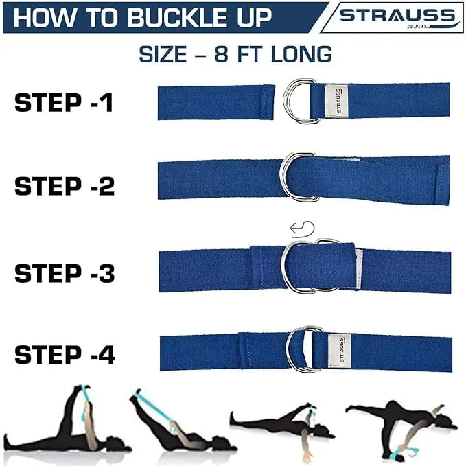 Strauss Yoga Strap & Stretching Belt | Ideal for Yoga, Pilates, Therapy, Dance, Gymnastics & Flexibility | 60% Thicker Belt with Extra Safe Adjustable Metal D-Ring Buckle | 8 feet (Blue) | Pack of 24