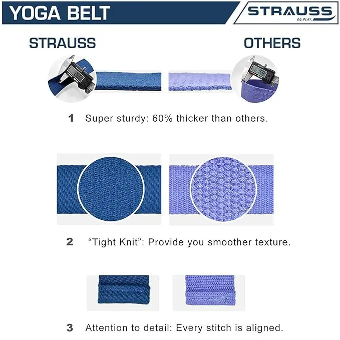 Strauss Yoga Strap & Stretching Belt | Ideal for Yoga, Pilates, Therapy, Dance, Gymnastics & Flexibility | 60% Thicker Belt with Extra Safe Adjustable Metal D-Ring Buckle | 8 feet (Blue) | Pack of 24