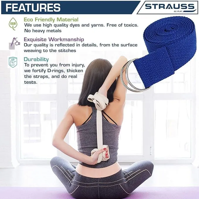 Strauss Yoga Strap & Stretching Belt | Ideal for Yoga, Pilates, Therapy, Dance, Gymnastics & Flexibility | 60% Thicker Belt with Extra Safe Adjustable Metal D-Ring Buckle | 8 feet (Blue) | Pack of 24