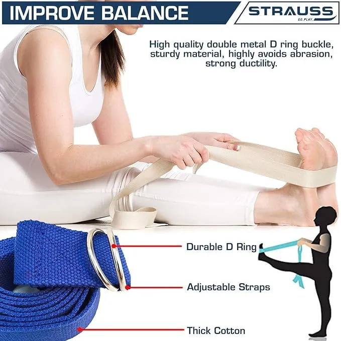 Strauss Yoga Strap & Stretching Belt | Ideal for Yoga, Pilates, Therapy, Dance, Gymnastics & Flexibility | 60% Thicker Belt with Extra Safe Adjustable Metal D-Ring Buckle | 8 feet (Blue) | Pack of 24