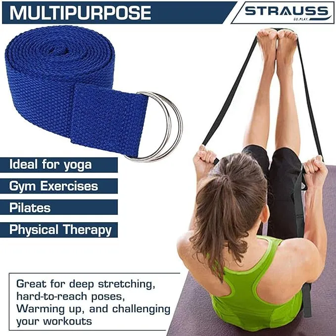 Strauss Yoga Strap & Stretching Belt | Ideal for Yoga, Pilates, Therapy, Dance, Gymnastics & Flexibility | 60% Thicker Belt with Extra Safe Adjustable Metal D-Ring Buckle | 8 feet (Blue) | Pack of 24