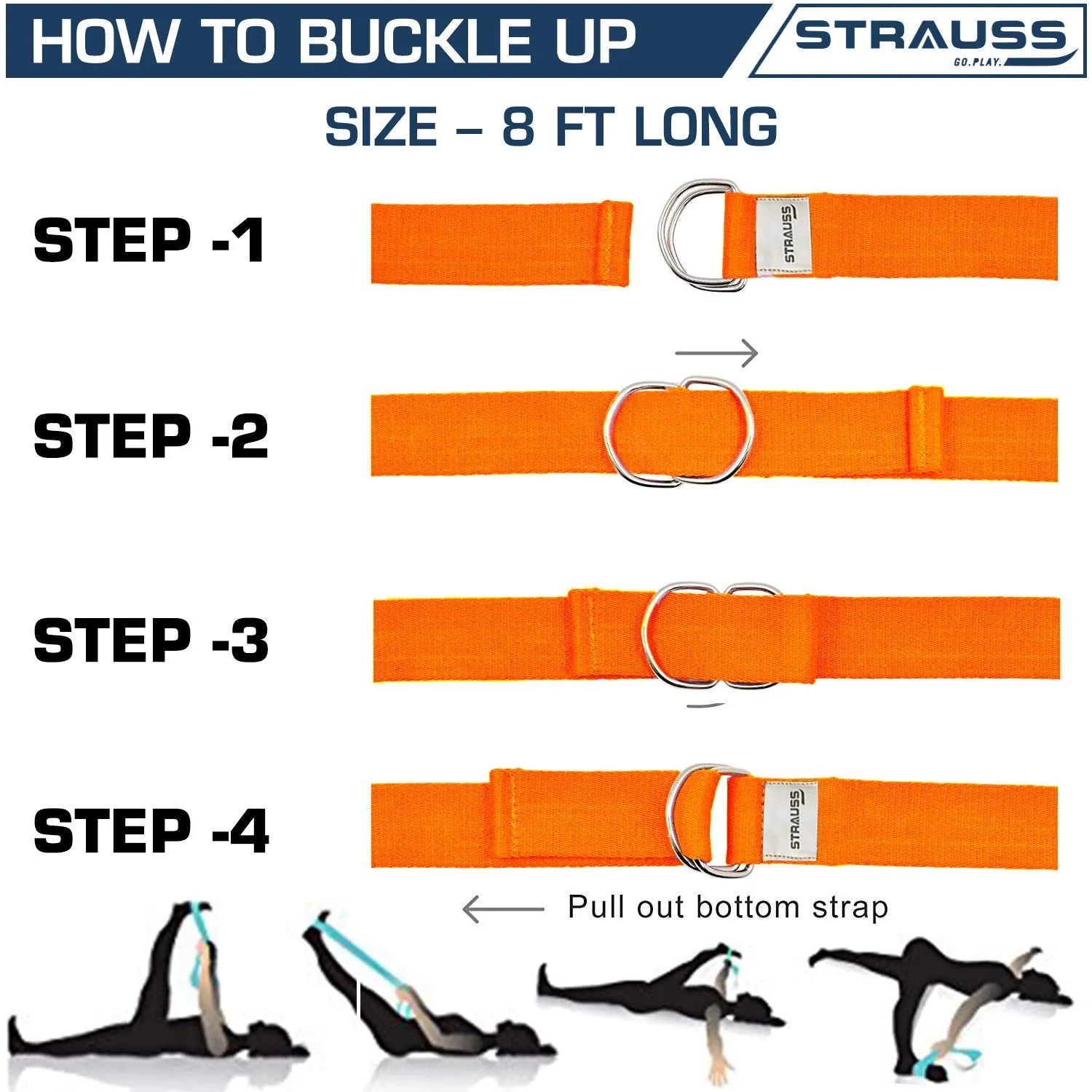 Strauss Yoga Strap & Stretching Belt | Ideal for Yoga, Pilates, Therapy, Dance, Gymnastics & Flexibility | 60% Thicker Belt with Extra Safe Adjustable Metal D-Ring Buckle | Eco-Friendly, 8 feet (Orange)