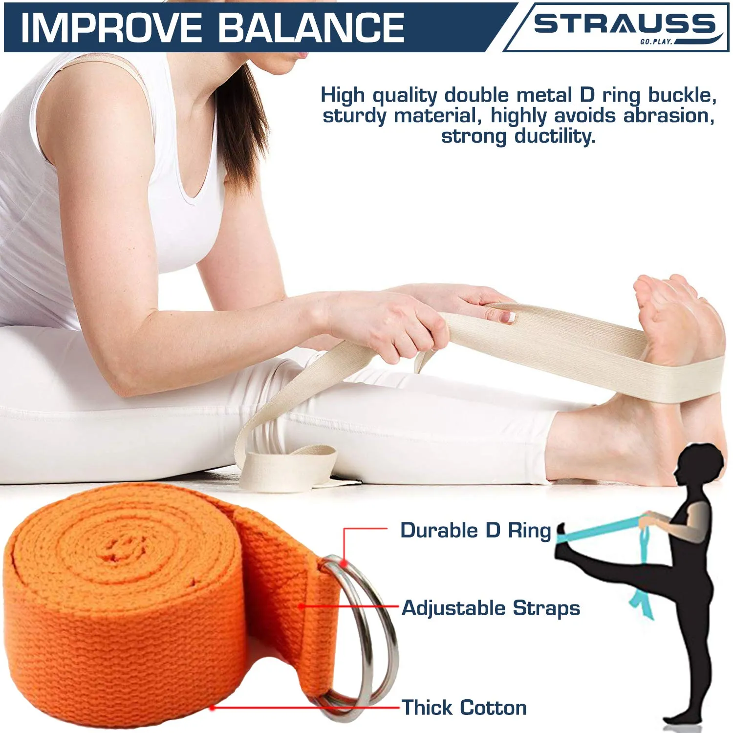 Strauss Yoga Strap & Stretching Belt | Ideal for Yoga, Pilates, Therapy, Dance, Gymnastics & Flexibility | 60% Thicker Belt with Extra Safe Adjustable Metal D-Ring Buckle | Eco-Friendly, 8 feet (Orange)